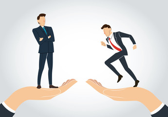 hand holding Successful businessman standing with crossed arms and running businessman 