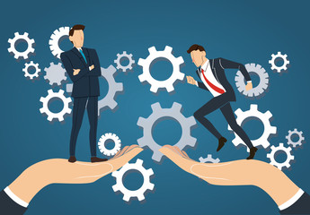 big hand holding businessman and gears background ,  business concept  