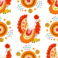 Fototapeta premium Seamless pattern with cock in Russian Dymkovo style. Vector illustration.