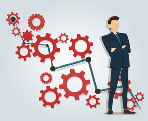 big hand holding businessman and gears background ,  business concept  