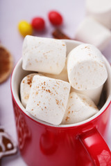 Marshmallows with chocolate in red cup, close-up
