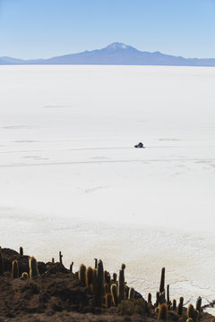 Tourist jeep on Salar de Uyuni (Salt Flats of Uyuni) from Isla del Pescado (Fish Island), Potosi Department, Bolivia
