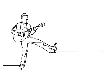 continuous line drawing of happy man playing guitar
