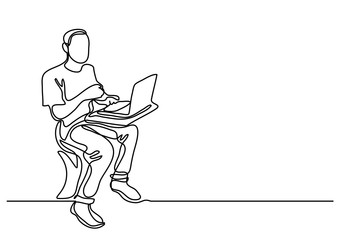 continuous line drawing of a guy sitting with laptop computer