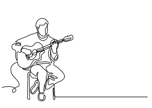 continuous line drawing of sitting guitarist playing guitar