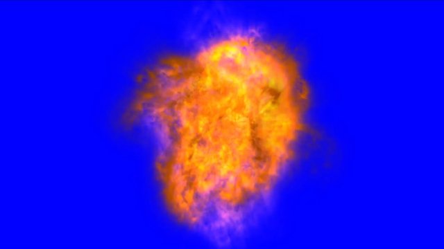 Shot and explosion on blue (green) screen. Moment of shot, explosion and combustion.