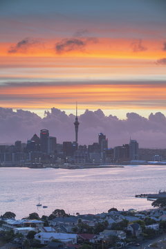 View of Auckland and Devonport at sunset, Auckland, North Island, New Zealand