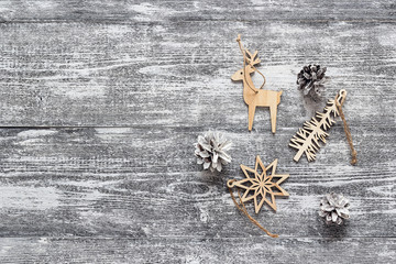 Vintage wooden Christmas decorations: deer, tree, snowflake with