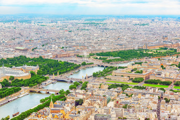 Panorama of Paris view from the Eiffel tower. View of the Seine.