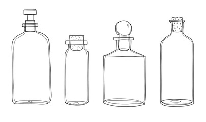 Empty scent bottles set of hand drawn line art illustration