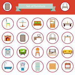 Flat Furniture Icons and Symbols Set for Living Room Isolated Vector Illustration