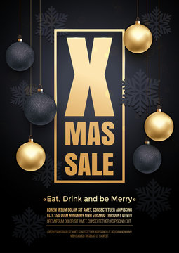 Xmas Sale gold text poster, golden Christmas ornaments