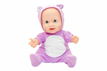 Children's toy doll in purple clothes with a hood