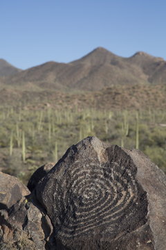 Petroglyphs, created by the prehistoric Hohokam people, about 1000 years ago, West-Tucson Mountain District, Saguaro National Park, Arizona