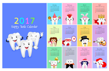 Wall dental calendar 2017. New year planner. Funny cartoon teeth and oral hygiene concept. Toothcare Illustration. Week starts Sunday.