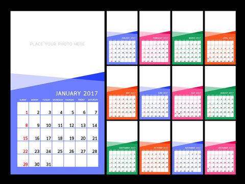 Calendar 2017 year.  Vector  illustration Design Template. Set of 12 Months. Week Starts Sunday.