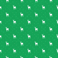 Green background with white reindeers. Vector texture for web pages, wallpaper, tablecloth, packaging, wrapping paper, textile, background for invitation card or holiday decor.