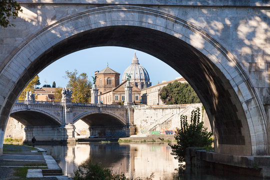 view of Borgo district and bridge from Tiber River