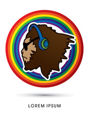Face Gorilla with sun glasses and headphone, designed on line rainbows background graphic vector