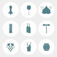 Set of round flat icons with different blue on white wine elements - bottle, grape, corkscrew, vine leaf, glass, barrel. Stock vector illustration flat style icon series