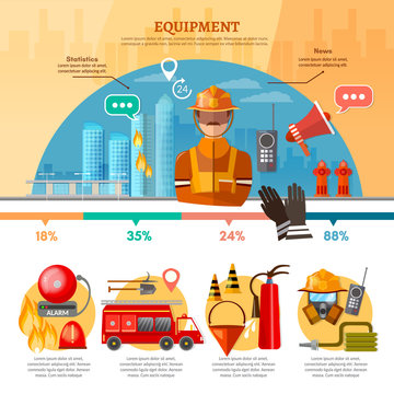 Professional firefighters infographic, equipment fireman