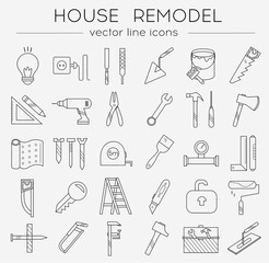 Modern flat line tools icons set for home improvement