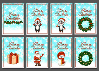 Merry Christmas greeting card set. Vector illustration.