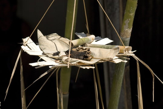 Typical offerings left at the entrance to longhouse to ward off evil spirits, Sarawak, Malaysian Borneo, Malaysia