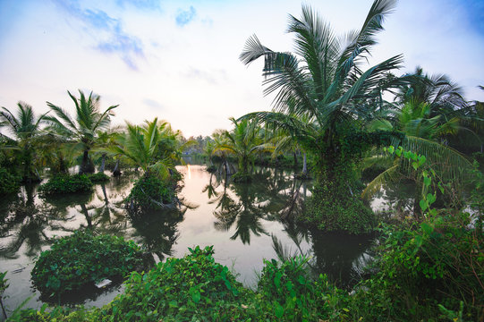 Church on horizon, Beach road from Mararikulam to Kochin, Kerala, state, India