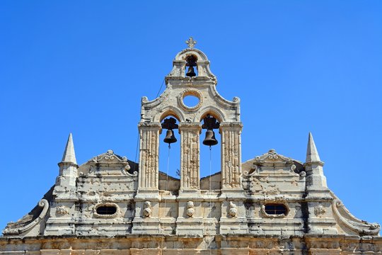 View of the top part of Arkadi Monastery church and bell tower, Crete.