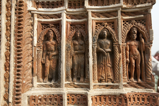 Detail of carved rekha style facade of the 19th century Prataspeswar terracotta temple, built in 1849, Kalna temple complex, West Bengal