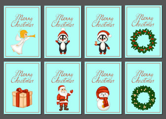 Merry Christmas greeting card set. Santa, angel, penguins, wreaths. Vector illustration.