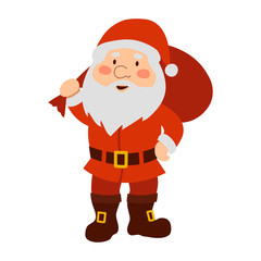 Santa Claus with gifts bag on his shoulder. Isolated object on a white background. Vector illustration.