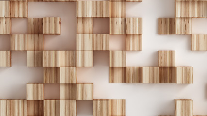 White abstract background with wooden cubes. 3d illustration, 3d