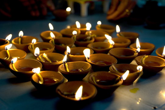 Deepak lights (oil and cotton wick candles) lit for domestic decoration to celebrate the Diwali festival