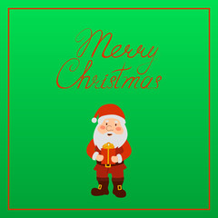 Santa Claus with a gift in hands on green background. Merry Christmas greeting card.