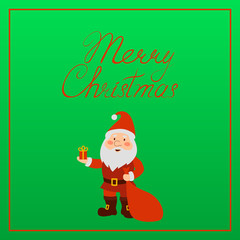 Santa Claus with bag of presents on green background. Merry Christmas greeting card.