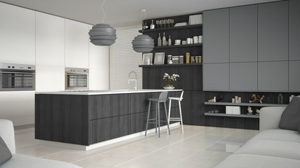 Minimalistic white kitchen with wooden and gray details, minimal
