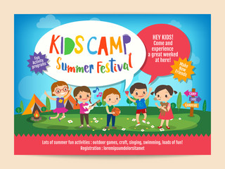 Obraz na płótnie Canvas kids summer camp education advertising poster flyer template with illustration of children doing activities on camping