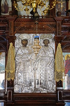 Religious sculpture detail on one of the altars inside the Arkadi Monastery church, Crete.
