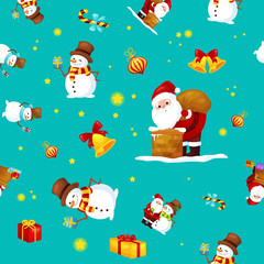 Seamless pattern Merry Christmas and Happy New Year, Friends Santa Claus in hat with presents and snowman in scarf celebrate xmas, stars and winter gifts vector illustration