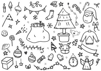 vector set of Christmas drawn doodles in black line on white background