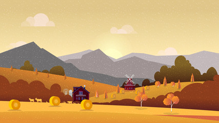 Countryside landscape with hay, field and village.