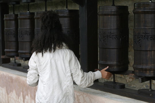 Prayer wheels in Dhagpo Kagyu Ling Tibetan Buddhist monastery, Saint-Leon sur Vezere, Dordogne, France