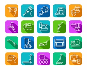 Construction tools, consumables, icons, contour, colored. Vector, white contour drawings of equipment for construction and renovation on a colored background with a shadow. 
