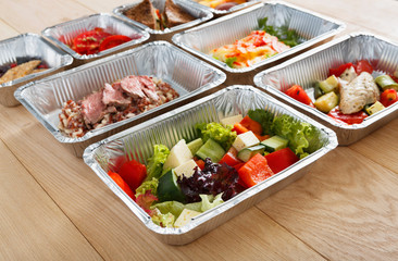 Healthy food in boxes, diet concept.