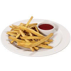French fries with ketchup on white background, 3d rendering,