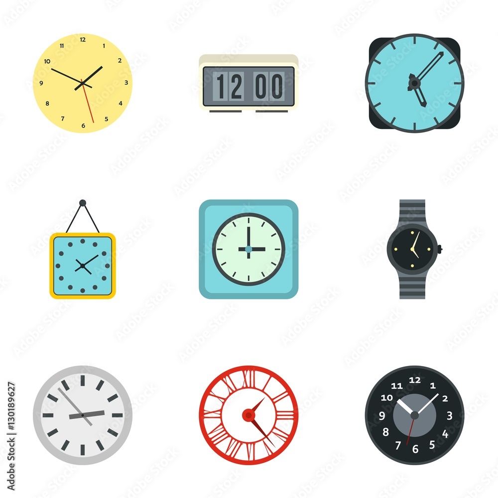 Poster clock icons set. flat illustration of 9 clock vector icons for web