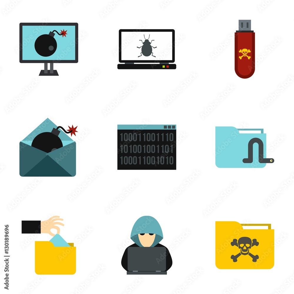 Poster data theft icons set. flat illustration of 9 data theft vector icons for web