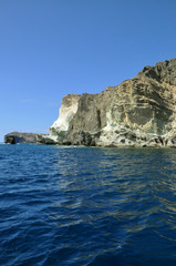 Fototapeta na wymiar sailing near the famous white beach in Santorini island, Greece.